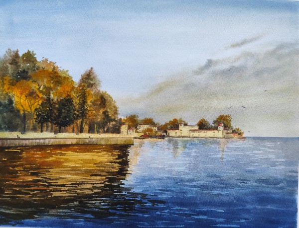 ATSPINDYS. Originalus A3 akvarelės paveikslas. Ramus vandens horizontas ir švelni rudens šviesa.