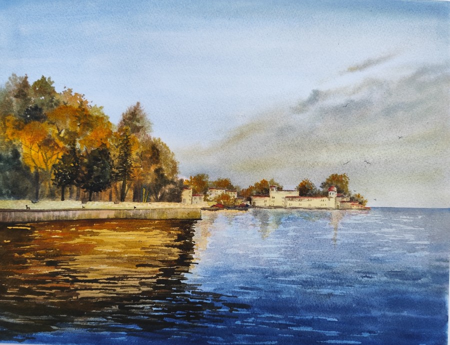 REFLECTIONS – Original A3 Watercolor Painting | Calm Water Horizon & Soft Autumn Light