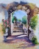 GOLDEN HOUR – Original Watercolor Painting | Mediterranean Arch & Sunlit Steps (Framed)
