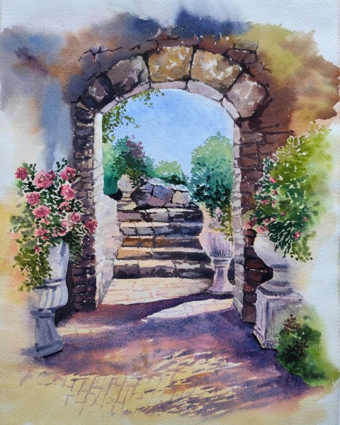 GOLDEN HOUR – Original Watercolor Painting | Mediterranean Arch & Sunlit Steps (Framed)