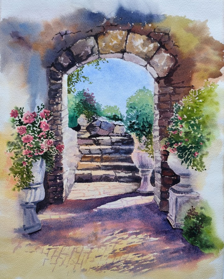 GOLDEN HOUR – Original Watercolor Painting | Mediterranean Arch & Sunlit Steps (Framed)