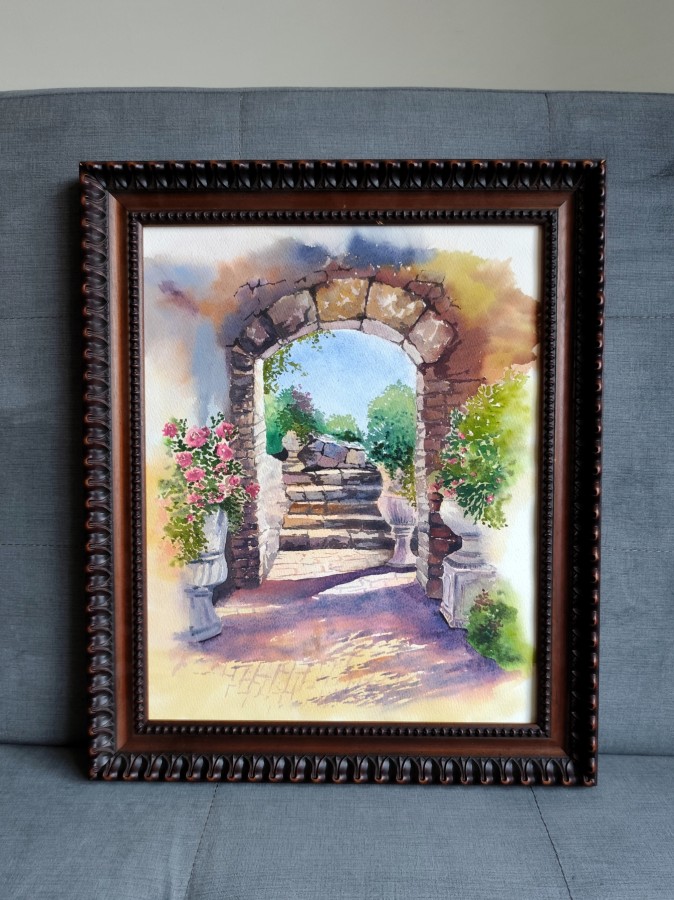 GOLDEN HOUR – Original Watercolor Painting | Mediterranean Arch & Sunlit Steps (Framed)