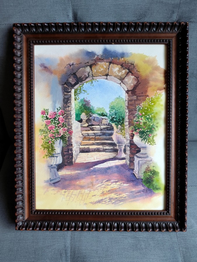 GOLDEN HOUR – Original Watercolor Painting | Mediterranean Arch & Sunlit Steps (Framed)