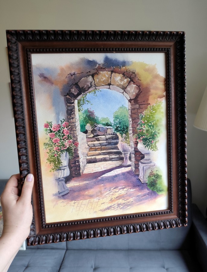 GOLDEN HOUR – Original Watercolor Painting | Mediterranean Arch & Sunlit Steps (Framed)