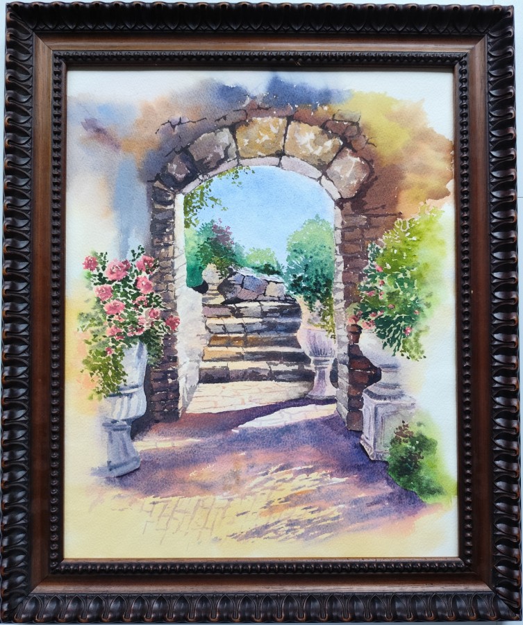 GOLDEN HOUR – Original Watercolor Painting | Mediterranean Arch & Sunlit Steps (Framed)