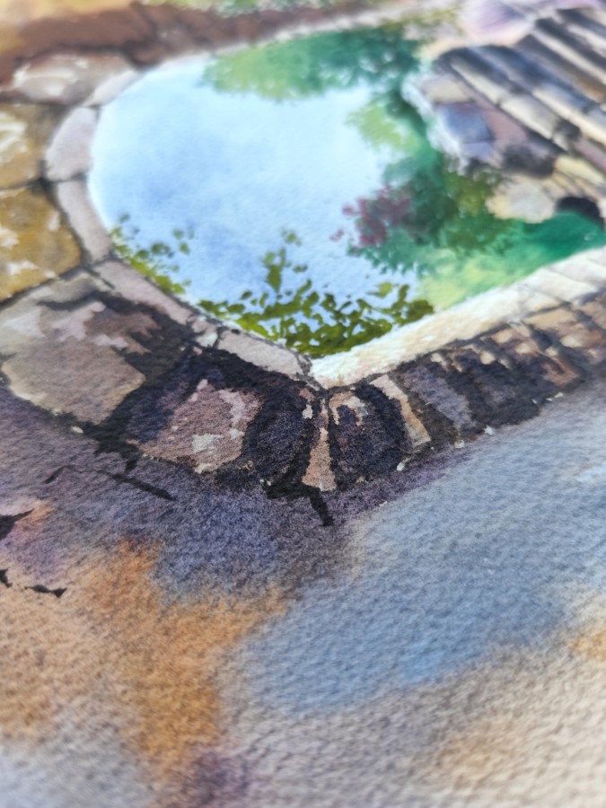 GOLDEN HOUR – Original Watercolor Painting | Mediterranean Arch & Sunlit Steps (Framed)