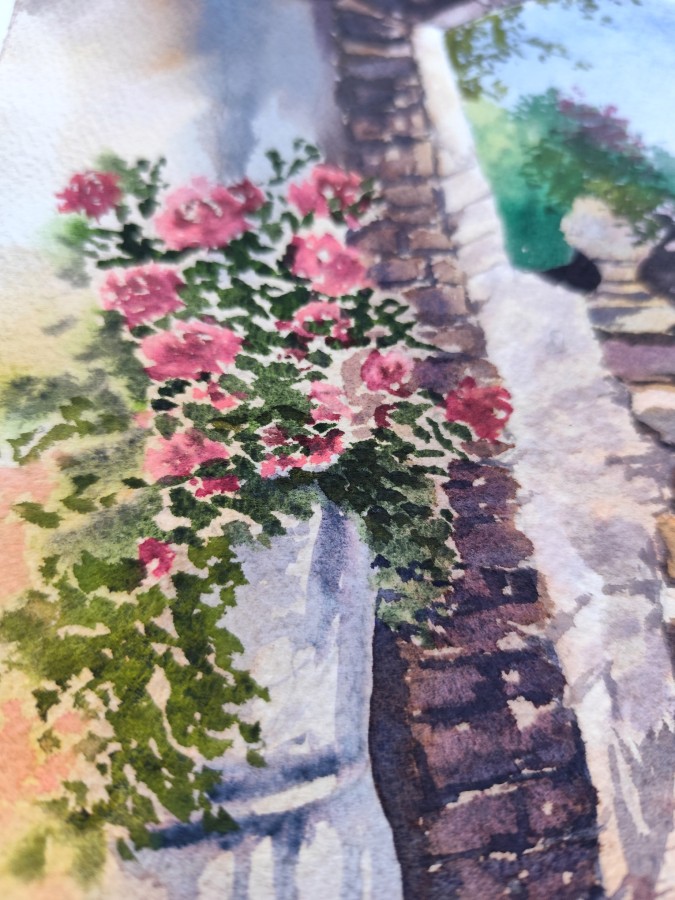 GOLDEN HOUR – Original Watercolor Painting | Mediterranean Arch & Sunlit Steps (Framed)