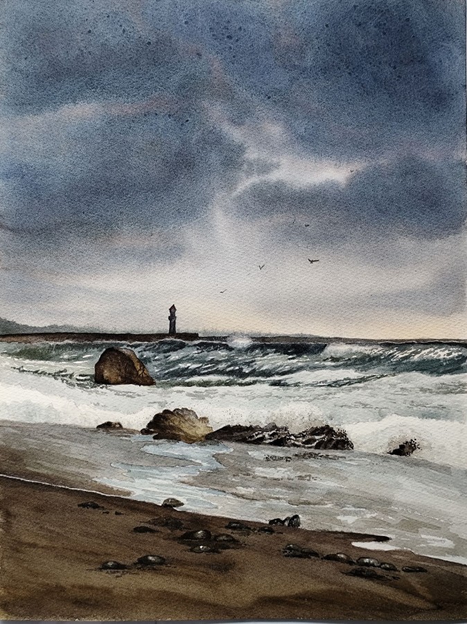 STORM PRELUDE – Original A3 Watercolor Painting | Sea, Lighthouse & Rising Tension
