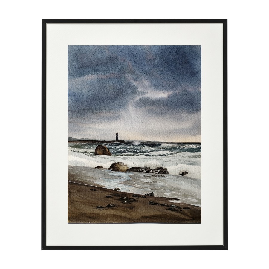 STORM PRELUDE – Original A3 Watercolor Painting | Sea, Lighthouse & Rising Tension